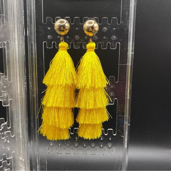Bright Yellow Tierd Silk Tassel Pierced Post Long Earrings - Picture 3 of 7